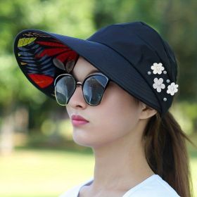 Wide Brim Sun Visor Foldable Picnic Hat Beach UV Protection Scallop Cap For Outdoor With Faux Pearl & Flower; Women's Hat & Caps (Color: 1# Black)