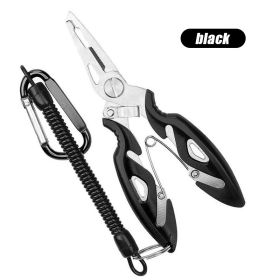 Luya Pliers Stainless Steel Curved Mouth Fish Line Scissors Multi-functional Clip Fish Line Sub Ring Opening Fishing Tools (Color: Black with rope)