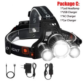 T20 LED Headlamp High Lumen 3/5 LED Light Ultra Bright Headlight USB Rechargeable 4 Modes Flashlight Waterproof Fishing Hunting (Body Color: No Battery, Emitting Color: 3LED Package C)