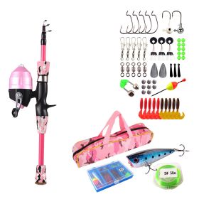 Kids Fishing Pole Set Fishing Starter Kit Telescopic Fishing Rod and Reel Combo Kit with Tackle Box 56Pcs Fishing Lures for Boys Girls (Pole Length: 1.2m/4ft, Color: Pink)